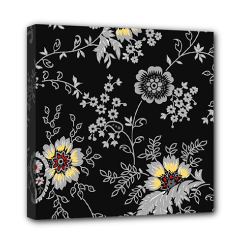 Black Background With Gray Flowers, Floral Black Texture Mini Canvas 8  x 8  (Stretched)