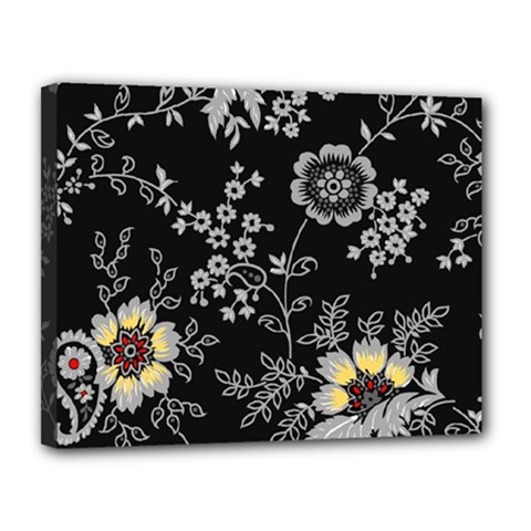 Black Background With Gray Flowers, Floral Black Texture Canvas 14  x 11  (Stretched)