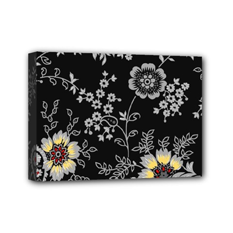 Black Background With Gray Flowers, Floral Black Texture Mini Canvas 7  X 5  (stretched)