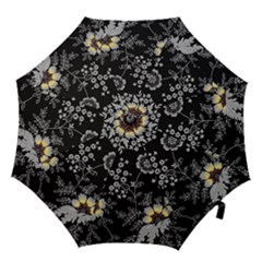 Black Background With Gray Flowers, Floral Black Texture Hook Handle Umbrellas (Medium)