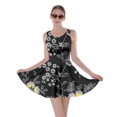 Black Background With Gray Flowers, Floral Black Texture Skater Dress