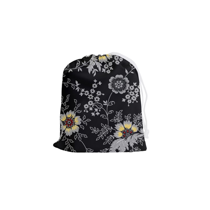 Black Background With Gray Flowers, Floral Black Texture Drawstring Pouch (Small)