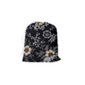 Black Background With Gray Flowers, Floral Black Texture Drawstring Pouch (Small) View2