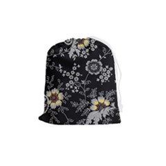 Black Background With Gray Flowers, Floral Black Texture Drawstring Pouch (Medium)