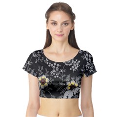 Black Background With Gray Flowers, Floral Black Texture Short Sleeve Crop Top