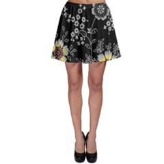 Black Background With Gray Flowers, Floral Black Texture Skater Skirt