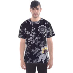 Black Background With Gray Flowers, Floral Black Texture Men s Sport Mesh T-Shirt