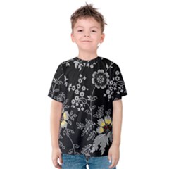 Black Background With Gray Flowers, Floral Black Texture Kids  Cotton T-Shirt