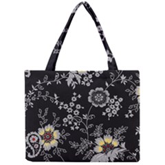 Black Background With Gray Flowers, Floral Black Texture Mini Tote Bag