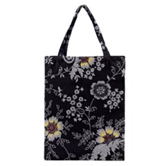 Black Background With Gray Flowers, Floral Black Texture Classic Tote Bag