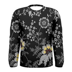 Black Background With Gray Flowers, Floral Black Texture Men s Long Sleeve T-Shirt