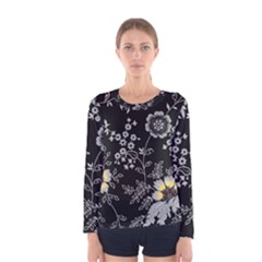 Black Background With Gray Flowers, Floral Black Texture Women s Long Sleeve T-Shirt