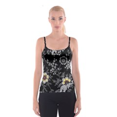 Black Background With Gray Flowers, Floral Black Texture Spaghetti Strap Top