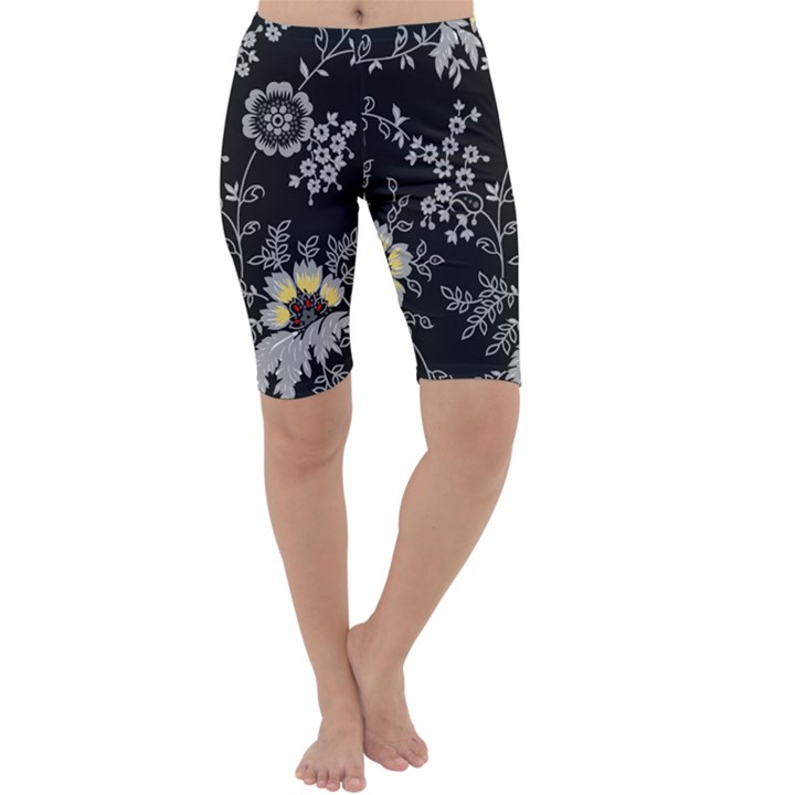 Black Background With Gray Flowers, Floral Black Texture Cropped Leggings 