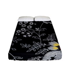 Black Background With Gray Flowers, Floral Black Texture Fitted Sheet (Full/ Double Size)