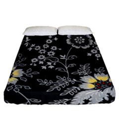 Black Background With Gray Flowers, Floral Black Texture Fitted Sheet (Queen Size)