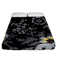 Black Background With Gray Flowers, Floral Black Texture Fitted Sheet (King Size)