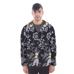 Black Background With Gray Flowers, Floral Black Texture Men s Hooded Windbreaker