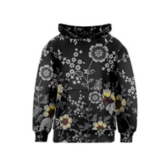 Black Background With Gray Flowers, Floral Black Texture Kids  Pullover Hoodie