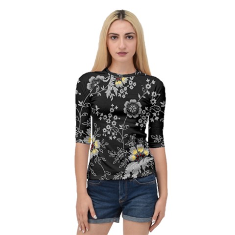 Black Background With Gray Flowers, Floral Black Texture Quarter Sleeve Raglan T-shirt by nateshop