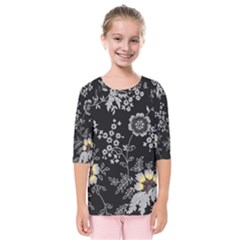 Black Background With Gray Flowers, Floral Black Texture Kids  Quarter Sleeve Raglan T-Shirt