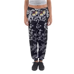 Black Background With Gray Flowers, Floral Black Texture Women s Jogger Sweatpants