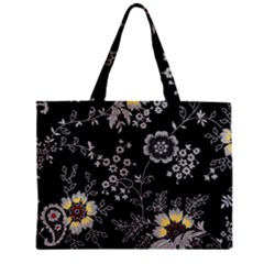 Black Background With Gray Flowers, Floral Black Texture Zipper Mini Tote Bag