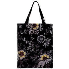 Black Background With Gray Flowers, Floral Black Texture Zipper Classic Tote Bag