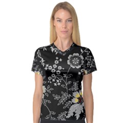 Black Background With Gray Flowers, Floral Black Texture V-Neck Sport Mesh T-Shirt