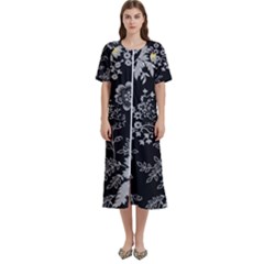 Black Background With Gray Flowers, Floral Black Texture Women s Cotton Short Sleeve Night Gown