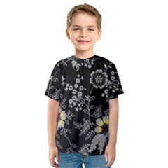 Black Background With Gray Flowers, Floral Black Texture Kids  Sport Mesh T-Shirt