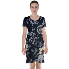 Black Background With Gray Flowers, Floral Black Texture Short Sleeve Nightdress