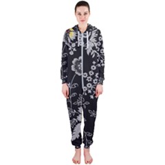 Black Background With Gray Flowers, Floral Black Texture Hooded Jumpsuit (Ladies)