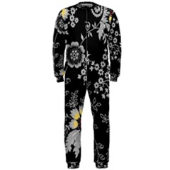 Black Background With Gray Flowers, Floral Black Texture OnePiece Jumpsuit (Men)