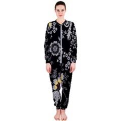 Black Background With Gray Flowers, Floral Black Texture OnePiece Jumpsuit (Ladies)