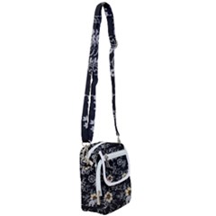 Black Background With Gray Flowers, Floral Black Texture Shoulder Strap Belt Bag