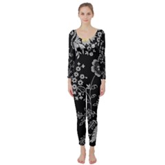 Black Background With Gray Flowers, Floral Black Texture Long Sleeve Catsuit