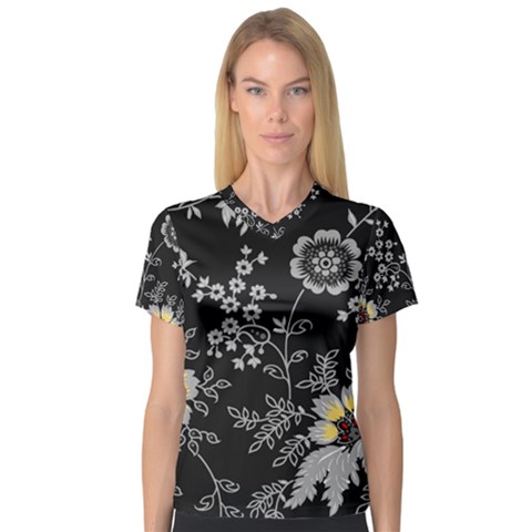 Black Background With Gray Flowers, Floral Black Texture V-neck Sport Mesh T-shirt by nateshop