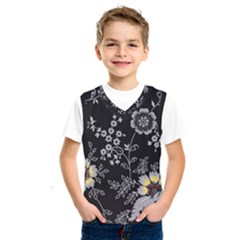 Black Background With Gray Flowers, Floral Black Texture Kids  Basketball Tank Top