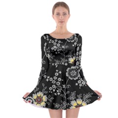 Black Background With Gray Flowers, Floral Black Texture Long Sleeve Skater Dress