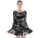 Black Background With Gray Flowers, Floral Black Texture Long Sleeve Skater Dress View1