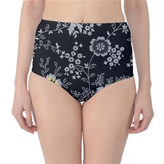 Black Background With Gray Flowers, Floral Black Texture Classic High-Waist Bikini Bottoms