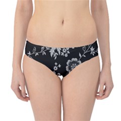 Black Background With Gray Flowers, Floral Black Texture Hipster Bikini Bottoms