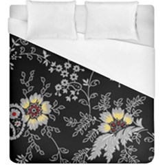 Black Background With Gray Flowers, Floral Black Texture Duvet Cover (King Size)