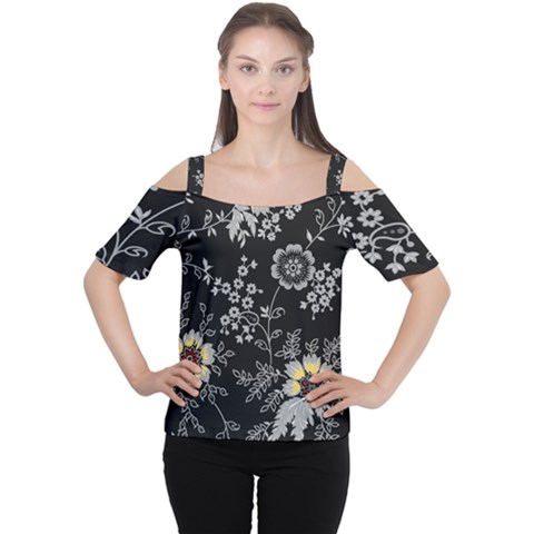 Black Background With Gray Flowers, Floral Black Texture Cutout Shoulder T-shirt by nateshop