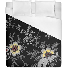 Black Background With Gray Flowers, Floral Black Texture Duvet Cover (California King Size)