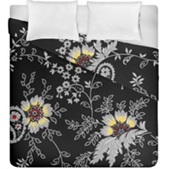 Black Background With Gray Flowers, Floral Black Texture Duvet Cover Double Side (King Size)