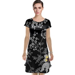 Black Background With Gray Flowers, Floral Black Texture Cap Sleeve Nightdress