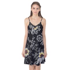 Black Background With Gray Flowers, Floral Black Texture Camis Nightgown 