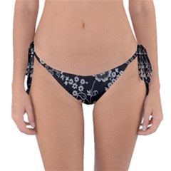 Black Background With Gray Flowers, Floral Black Texture Reversible Bikini Bottoms